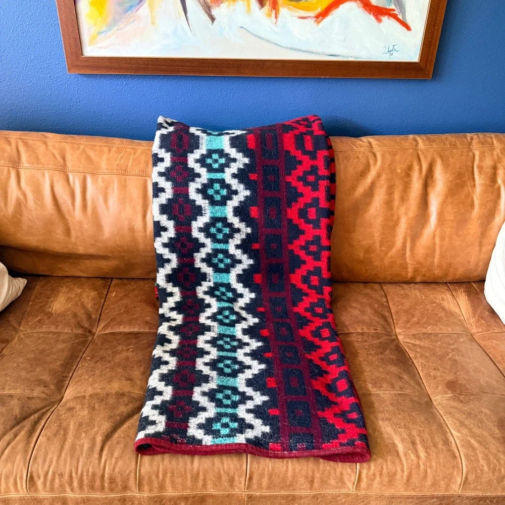 Vintage MCM Geometric Acrylic‎ Blanket Teal Burgundy Reversible 56x76 Soft Mod